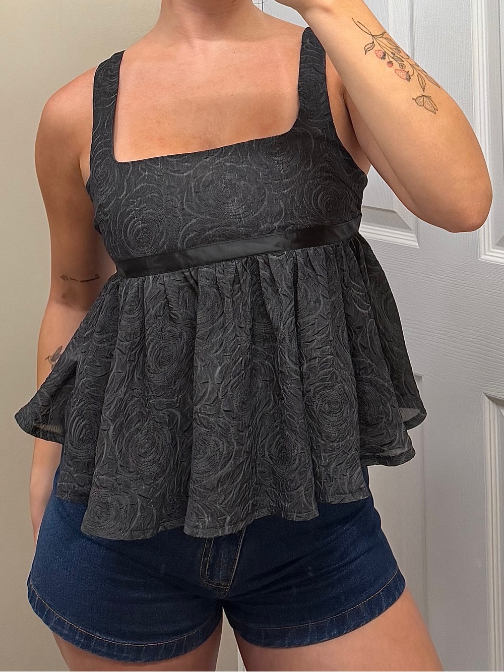 Motel Rocks Black Rose-Textured Peplum Camisole with Satin Waistband